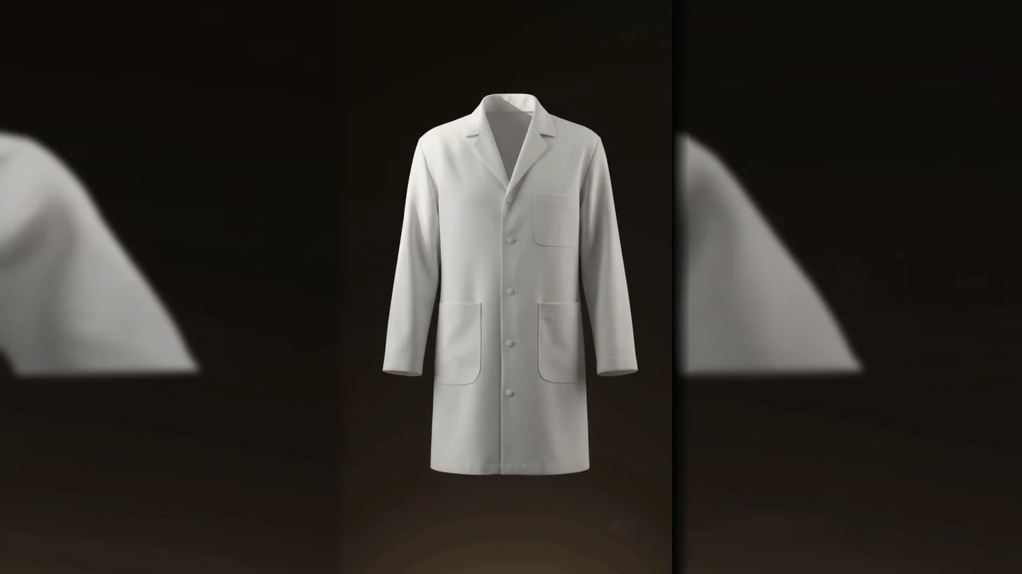 A white doctor's coat, shown as part of a rotating visual sequence